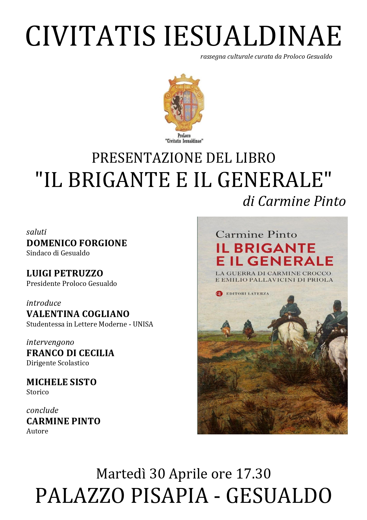 Gesualdo - "Il brigante e il generale", il libro di Carmine Pinto a Palazzo Pisapia